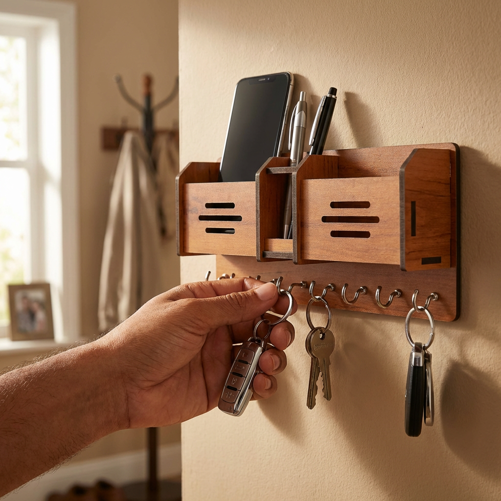Premium Wall Organizer – Keychain & Mobile Holder with Hooks