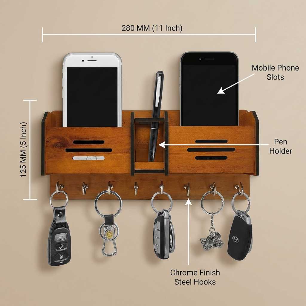 Premium Wall Organizer – Keychain & Mobile Holder with Hooks