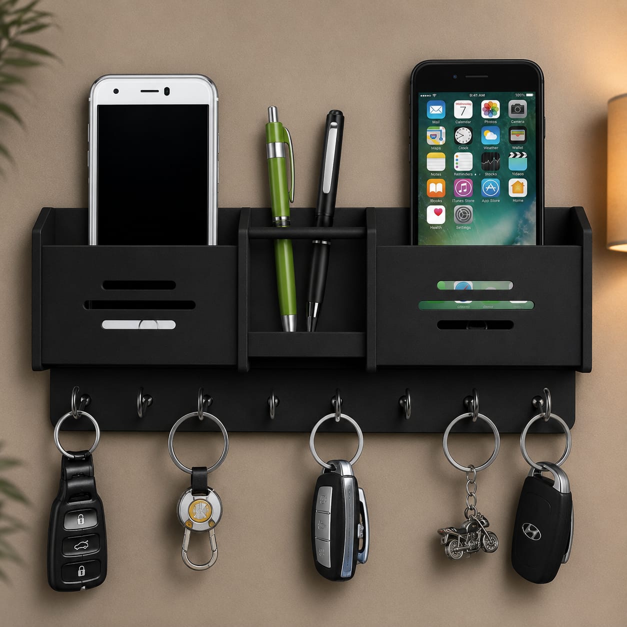 Matte Black Wall Organizer – Premium Key & Mobile Holder